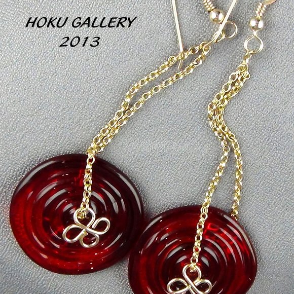 NWOT Red Pressed Glass Earrings, Handmade w/14k Gold Filled Chain - 3 3/4" - Picture 8 of 11